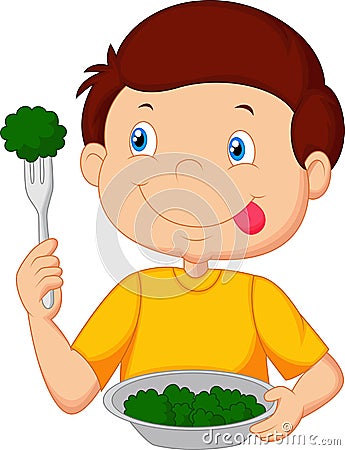 Cute little boy cartoon eats vegetable using fork Vector Illustration