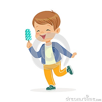Cute little boy character feeling happy with his ice cream cartoon vector Illustration Vector Illustration