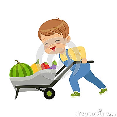 Cute little boy character pushing wheelbarrow full of vegetables vector Illustration on a white background Vector Illustration