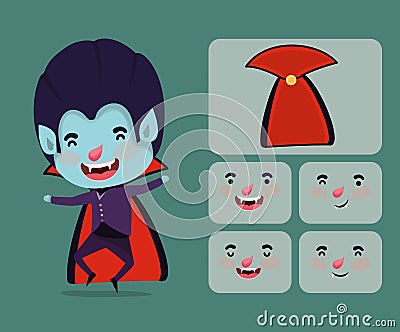 Cute little boy with dracula costume and set icons Vector Illustration