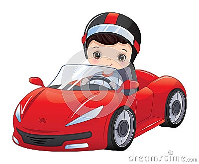 Vector Cute Little Boy Driving Racing Car Vector Illustration