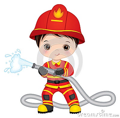 Firefighter Cute Little Boy with Fire Hose Vector Illustration