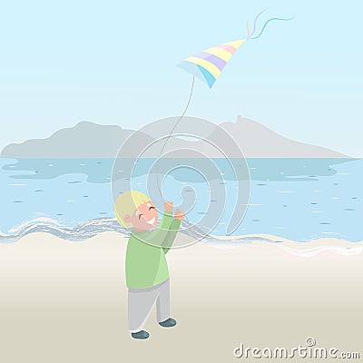 Cute little boy with flying kite isolated on beach Vector Illustration