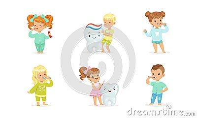 Cute Little Boy and Girl Brushing Teeth with Toothpaste and Toothbrush Vector Set Vector Illustration