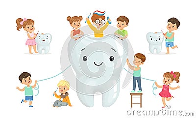 Cute Little Boy and Girl Brushing Teeth with Toothpaste and Toothbrush Vector Set Vector Illustration