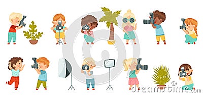 Cute Little Boy and Girl with Camera Taking Photograph and Posing with Studio Lighting Vector Set Vector Illustration