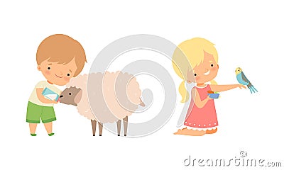 Cute Little Boy and Girl Interacting with Animal in Petting Zoo Vector Set Vector Illustration