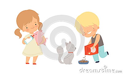 Cute Little Boy and Girl Interacting with Animal in Petting Zoo Vector Set Vector Illustration