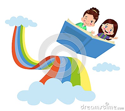 cute Little Boy and Girl Reading a Book on Cloudy Sky Background Vector Illustration Vector Illustration