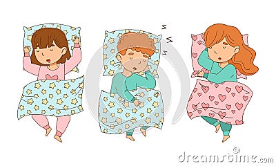 Cute little boy and girls sleeping in their beds cartoon vector illustration Vector Illustration