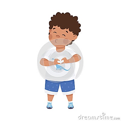 Cute little boy giving kiss and making love gesture. Dark haired curly boy dressed white t-shirt and blue shorts joining Vector Illustration