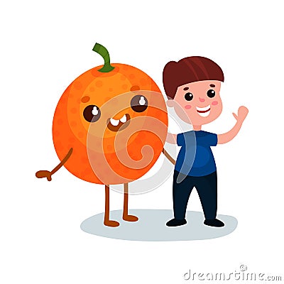 Cute little boy having fun with smiling giant orange fruit character, best friends, healthy food for kids cartoon vector Vector Illustration