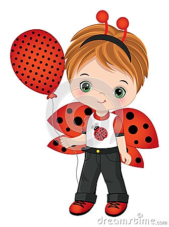 Cute Little Boy with Ladybug Headband Antenna Vector Illustration