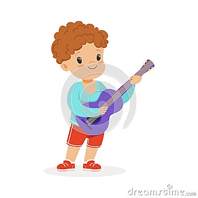 Cute little boy playing guitar, young musician with toy musical instrument, musical education for kids cartoon vector Vector Illustration