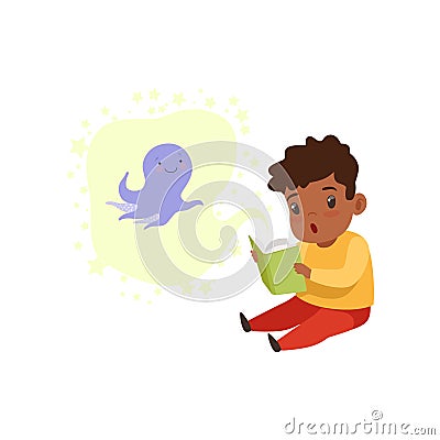 Cute little boy reading a scary book, kids fabulous imagination concept vector Illustration on a white background Vector Illustration