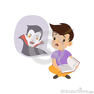 Cute little boy reading a scary book about vampires, kids fabulous imagination concept vector Illustration on a white Vector Illustration