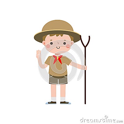 cute little Cute boy scout with Hiking Stick, Happy kid girl scout honor uniform summer camp cartoon flat character Vector Illustration