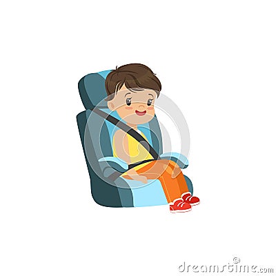 Cute little boy sitting in blue car seat, safety car transportation of small kids vector illustration Vector Illustration