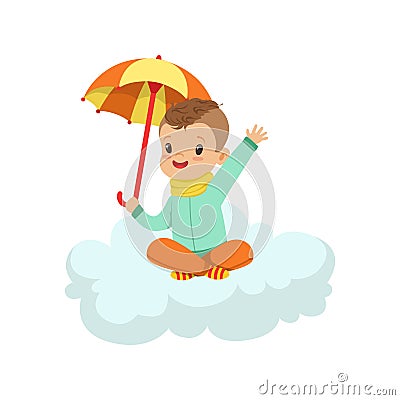 Cute little boy sitting on cloud under umbrella, kids imagination and dreams vector illustration Vector Illustration