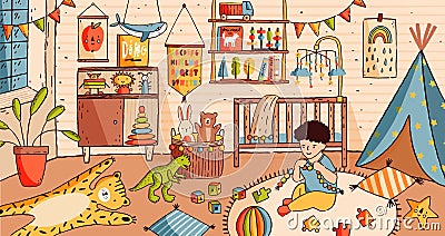 Cute little boy sitting on floor of baby room and playing with toys. Child in nursery full of furniture and home Vector Illustration