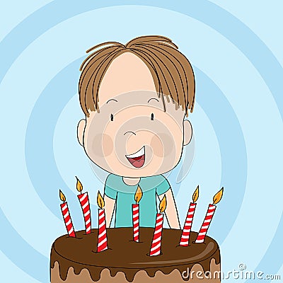 Cute little boy smiling happily, celebrating birthday, b-day chocolate cake with seven candles in front of him Vector Illustration