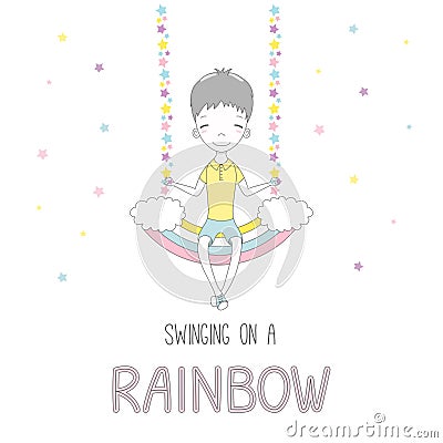 Cute little boy swinging on a rainbow Vector Illustration