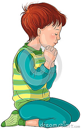 Llustration of a Little Boy Kneeling Down in Prayer with her Hands Folded Vector Illustration