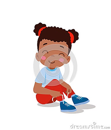 Cute little boy tying his shoelaces Vector Illustration