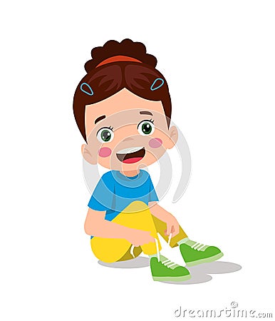 Cute little boy tying his shoelaces Vector Illustration