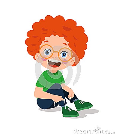 Cute little boy tying his shoelaces Vector Illustration