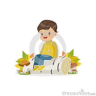 Cute little boy in warm clothing sitting on the birch log in autumn forest, lovely kid enjoying fall, autumn kids Vector Illustration