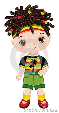 Cute Little Reggae Boy with Dreadlocks Wearing Rastafarian Outfit. Vector Cute Reggae Boy Vector Illustration