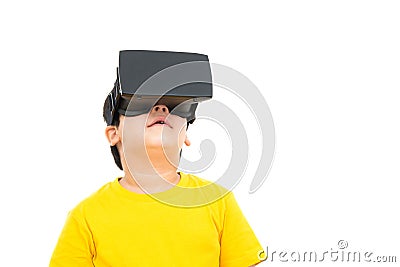 Cute little boy wearing VR or Virtual Reality headset Stock Photo