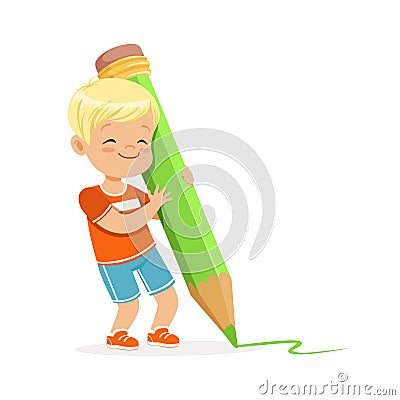 Cute little boy writing with a giant green pencil cartoon vector Illustration Vector Illustration