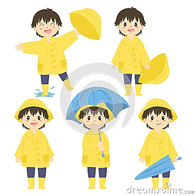 Cute Little Boy in Yellow Raincoat Vector Set Vector Illustration