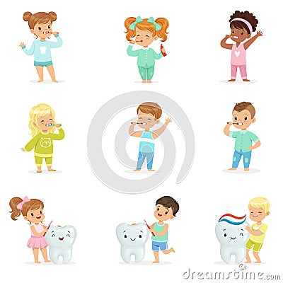 Cute little boys and girls brushing teeth. Colorful cartoon characters Vector Illustration