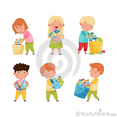 Cute little boys and girls putting toys into boxes set. Kids doing housework chores at home cartoon vector illustration Vector Illustration