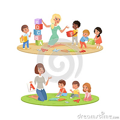Cute Little Boys and Girls Studying Alphabet with Their Teacher, Kids Education and Upbringing Cartoon Vector Vector Illustration