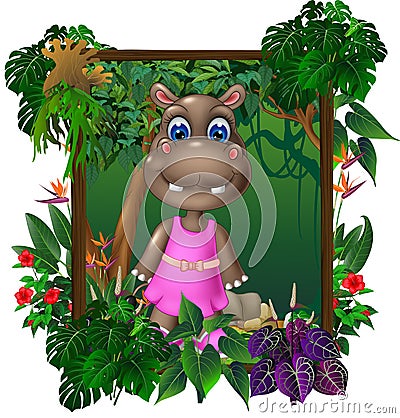 Cute Little Brown Hippopotamus Kid In Forest With Tropical Plant Flower In Wood Square Frame Cartoon Stock Photo