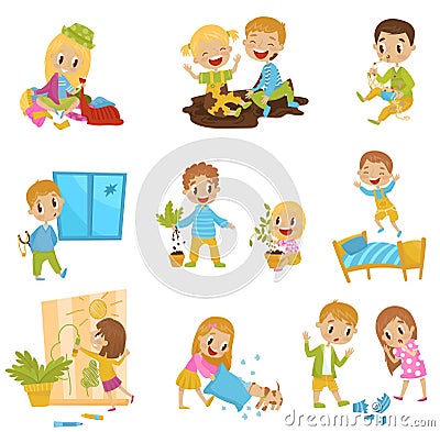 Cute little bully kids set, hoodlum cheerful children, bad child behavior vector Illustrations on a white background Vector Illustration