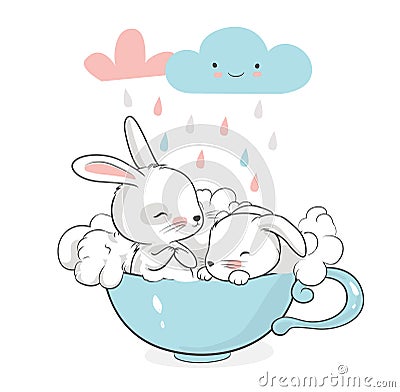 Cute little bunnies in a cup. Funny clouds in the background. Cartoon hand drawn vector illustration. Vector Illustration