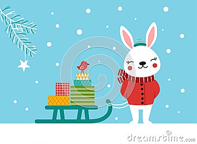 A cute little bunny carries a sled with gifts through a snowy forest Vector Illustration