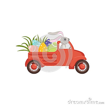 Cute little bunny driving vintage truck with colored eggs, funny rabbit character, Happy Easter concept cartoon vector Vector Illustration