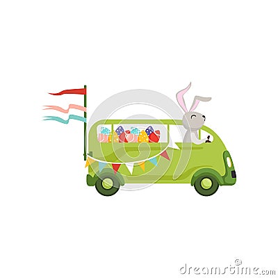 Cute little bunny driving vintage van car with colored eggs, funny rabbit character, Happy Easter concept cartoon vector Vector Illustration