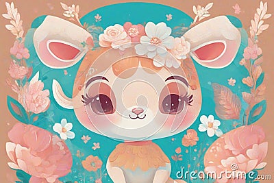 Cute little bunny girl with flowers Cartoon Illustration