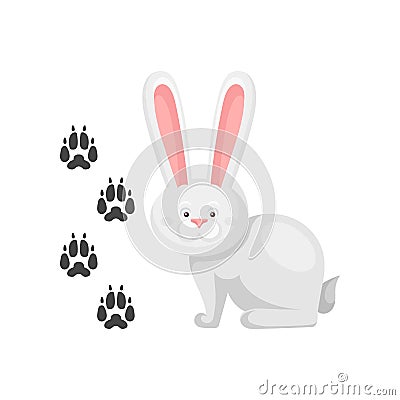 Cute little bunny and his footprints tracks. Mammal animal with long ears. Zoo theme. Flat vector element for children Vector Illustration