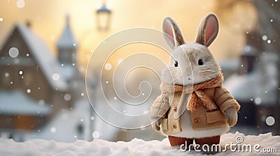 Cute little bunny in warm clothes on snowy street. Winter holidays, horizontal Christmas card. Generative AI Stock Photo