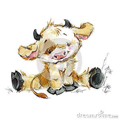 Cute little calf JPEG, PNG. funny cow watercolor illustration. cartoon bul. Cartoon Illustration