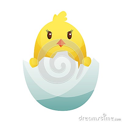 Cute little cartoon chick hatched from an egg isolated on a white background. Funny yellow chicken. Vector illustration Vector Illustration