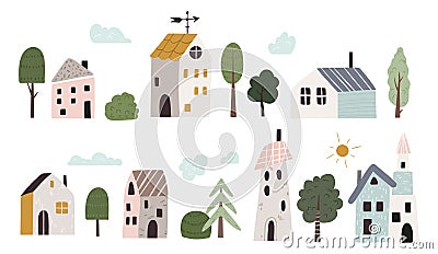 Cute little cartoon houses isolated clip arts set, small funny buildings and trees, bushes in Scandinavian style. Tiny Vector Illustration